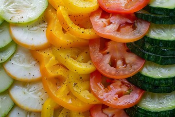 Poster - Fresh sliced organic vegetables pattern with ripe tomatoes, crisp cucumbers, and vibrant bell peppers, perfect for healthy, raw food vegetarian and vegan cooking