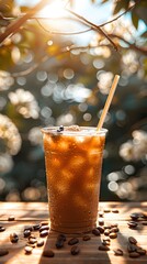 Wall Mural - Refreshing Iced Coffee Drink with Condensation Covered Glass on Rustic Wooden Table Against Sunlit Outdoor Backdrop