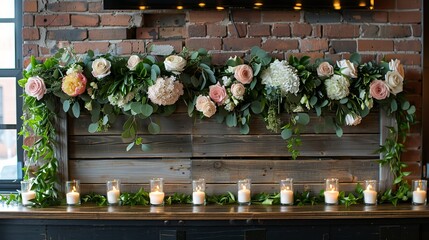 Poster - wooden frames and greenery forming a charming rustic wedding backdrop