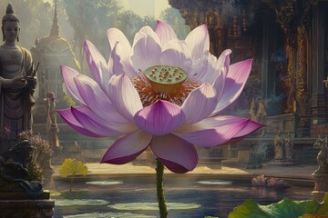 Canvas Print - Lotus Flower Temple Garden Buddhism, Hinduism Religion Spiritual Symbol - Generative AI