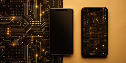 Two cell phones are displayed on a yellow background with a circuit board design