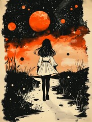 Sticker - Woman walking towards a starry night sky