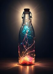 Wall Mural - Colorful glass bottle filled with string lights, creating a vibrant and whimsical visual effect against a dark background