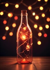 Wall Mural - Colorful glass bottle filled with string lights, creating a vibrant and whimsical visual effect against a dark background