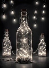 Wall Mural - Colorful glass bottle filled with string lights, creating a vibrant and whimsical visual effect against a dark background