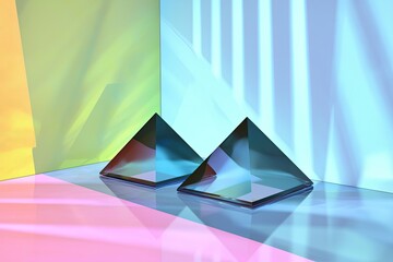 Colorful geometric composition featuring two glass pyramids reflecting light in a vibrant setting.