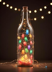 Wall Mural - Colorful glass bottle filled with string lights, creating a vibrant and whimsical visual effect against a dark background