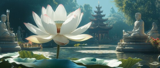 Poster - Lotus Flower Temple Garden Buddhism, Hinduism Religion Spiritual Symbol - Generative AI