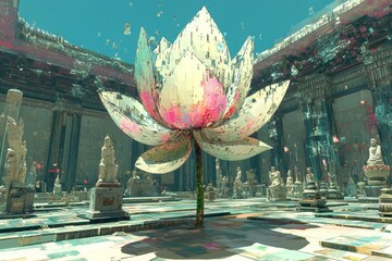 Poster - Lotus Flower Temple Garden Buddhism, Hinduism Religion Spiritual Symbol - Generative AI