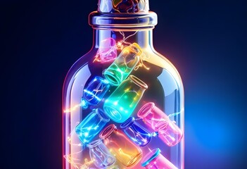 Wall Mural - Colorful glass bottle filled with string lights, creating a vibrant and whimsical visual effect against a dark background