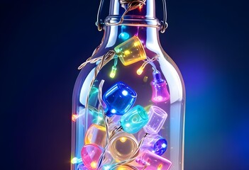 Wall Mural - Colorful glass bottle filled with string lights, creating a vibrant and whimsical visual effect against a dark background