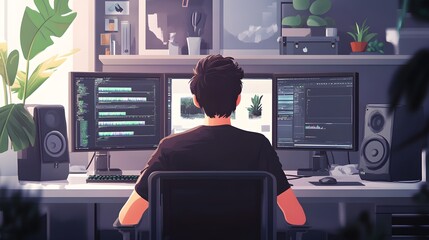 A programmer works on his computer in a modern home office. He has three monitors and is surrounded by plants.