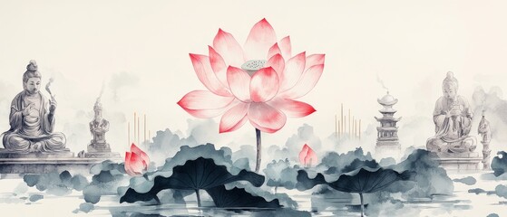 Sticker - Lotus Flower Temple Garden Buddhism, Hinduism Religion Spiritual Symbol - Generative AI