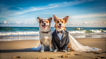 A Paw-some Beach Wedding: Two Adorable Dogs in Tuxedos and Bridal Gown Posing on the Sandy Shores  AI generated