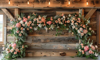 Wall Mural - Wooden frames with floral arrangements creating a rustic wedding backdrop