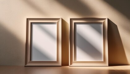 Two blank frames side by side in a sundrenched room casting soft shadows, 3d render.