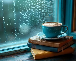 Poster - Cozy Coffee Break with Rainy Window Backdrop on Wooden Tabletop