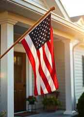 American flag proudly displayed at a classic suburban home entrance, fluttering gently in the summer breeze, with a serene, blurred garden backdrop.





