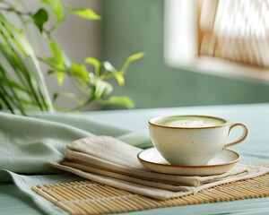 Canvas Print - Beautifully Styled Matcha Latte with Latte Art on Bamboo Mat Coffee Break Concept