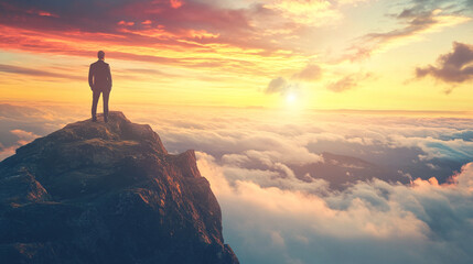 Wall Mural - Hiker helping friend reach the mountain top
