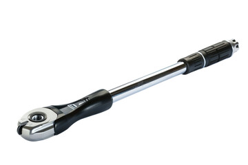 A shiny ratchet tool designed for efficient tightening and loosening of nuts and bolts in various mechanical tasks.