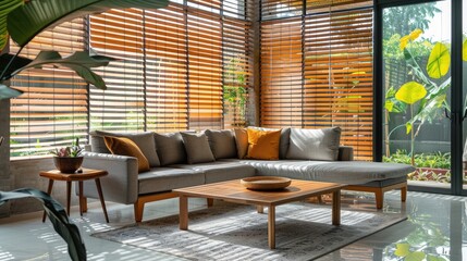 Wall Mural - Chic living area with large windows, wooden blinds, grey sofa, and wooden coffee table