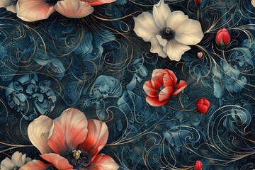 Wall Mural - Floral Fantasy with Golden Swirls