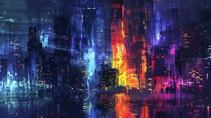 Wall Mural - Nighttime city skyline with vibrant neon reflections in water