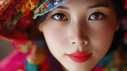 Wall Mural - Close-up portrait of a woman with colorful traditional headdress