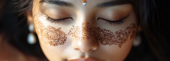 Wall Mural - Close-up of a Woman's Face with Intricate Henna Designs