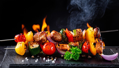 Shish kebab on a dark background with grilled veggies