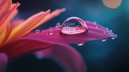 Sticker - A Large Water Droplet On A Pink Flower Petal