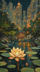 Canvas Print - Lotus Flower Urban Oasis Buddhism, Hinduism Religion Spiritual Symbol - Generative AI