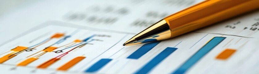 Poster - Close-up of a pen on top of financial graphs and charts, illustrating data analysis and business insight.