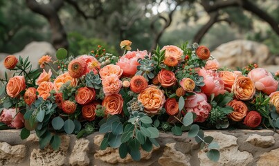 Poster - wooden hexagon with greenery and flowers for a rustic wedding backdrop