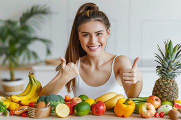 Poster - A beautiful woman is sitting at a table with fruits, vegetables and other healthy foods on it.