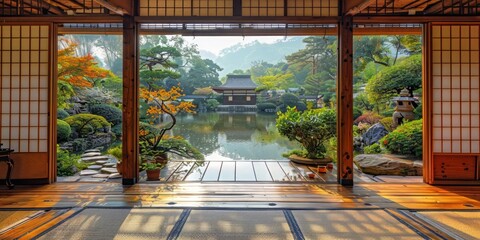 Poster - A Tranquil View of a Japanese Garden Through Sliding Doors