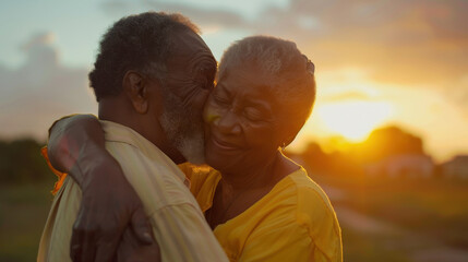 A retired Black couple sharing a warm embrace during sunset, capturing the beauty of their enduring love