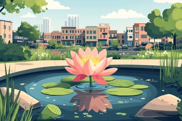 Wall Mural - Lotus Flower Urban Oasis Buddhism, Hinduism Religion Spiritual Symbol - Generative AI