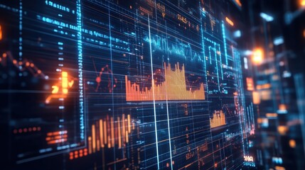 Poster - Futuristic digital interface with data visualization, grid lines, and glowing charts in a high-tech, blue-orange color scheme.