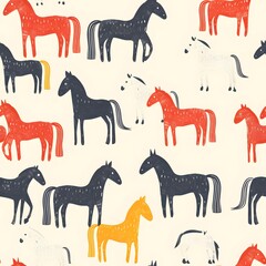 Wall Mural - Colorful pattern of hand-drawn horses in various hues on a light background.