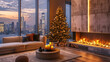 © Jafree - Luxury apartment living room with Christmas tree, candles, lit fireplace, offering panoramic view of city skyline at sunset. Concept of high-end interior design, festive decor, modern urban living