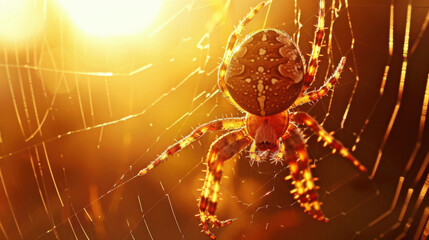 Close-up spider on web at the sunset light.