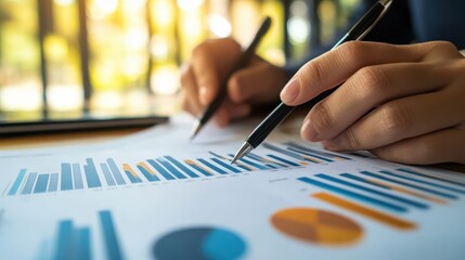 Poster - Person analyzing financial data and charts with a pen in hand, making business strategy decisions, and reviewing statistics on a desk.