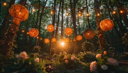 Poster - woodland-inspired wedding backdrop with tall trees and hanging lanterns creating a magical forest atmosphere 