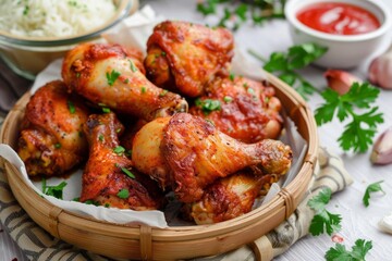 Sticker - Tasty barbecued chicken legs in a basket, served with white rice and tomato sauce on a wooden table