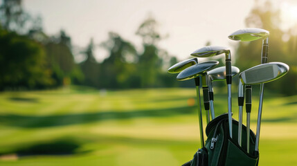 A set of golf clubs standing in a bag on a pristine golf course