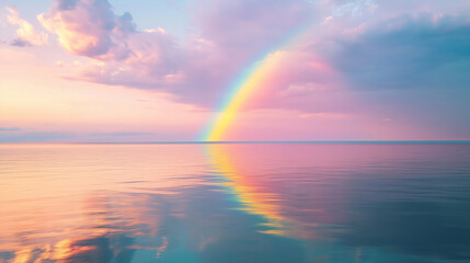 Wall Mural - Rainbow sunset on blue pink sky yellow clouds skyline ,water sea reflection beautiful landscape summer nature, Rainbow at sunset on blue pink sky yellow clouds skyline