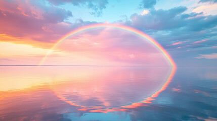 Wall Mural - Rainbow sunset on blue pink sky yellow clouds skyline ,water sea reflection beautiful landscape summer nature, Rainbow at sunset on blue pink sky yellow clouds skyline