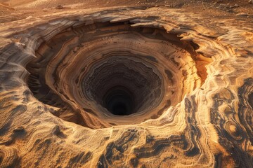 Wall Mural - Captivating aerial view of a large desert sinkhole amidst undulating sand patterns